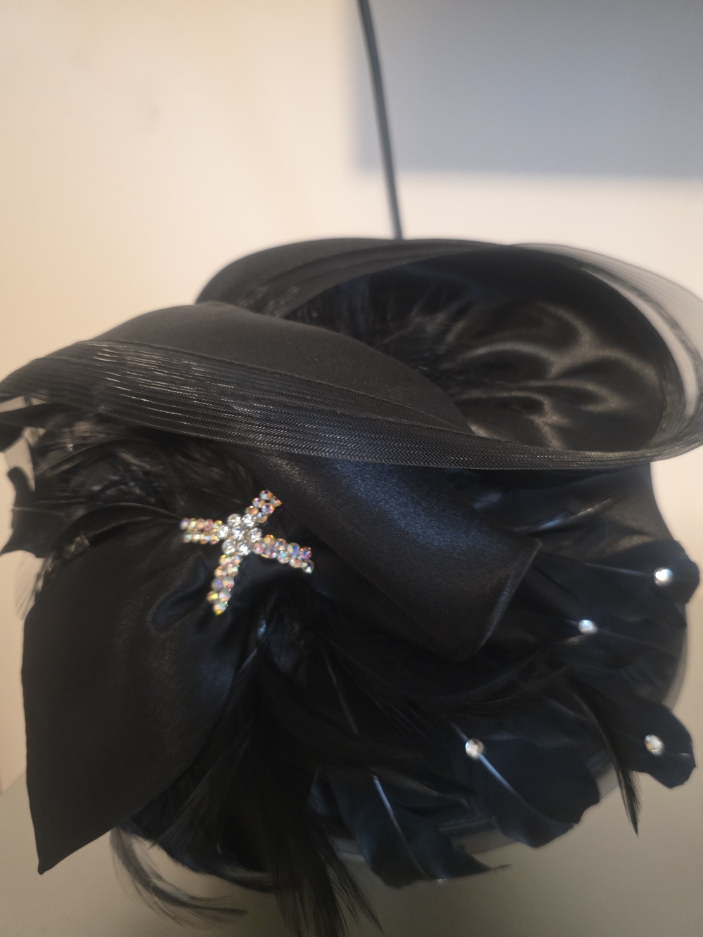 Black Satin Feather Cocktail Hat with Crystal Cross Accent